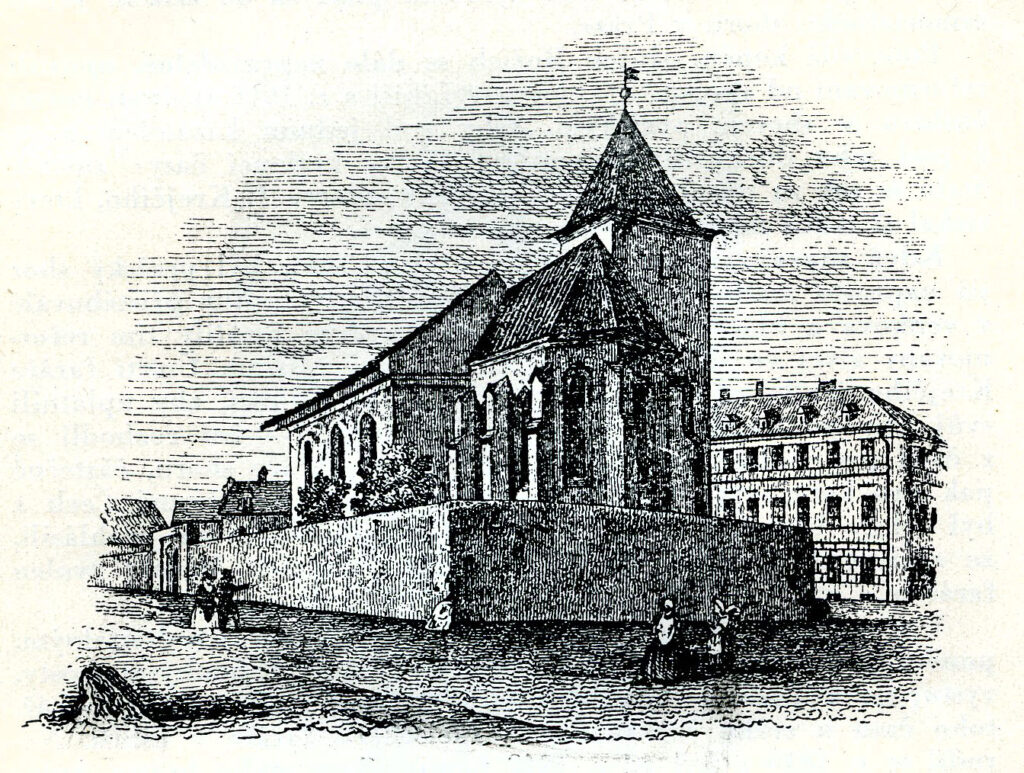 A woodcut of the church at Klimentska 5