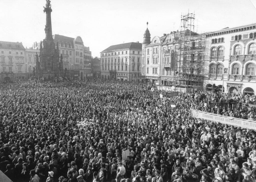 Crowds on Old Town Square Prague during the Velvet Revolution